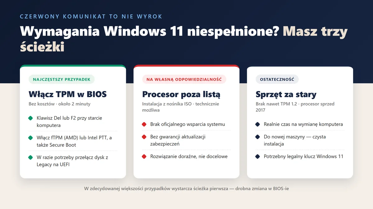Wymagania Windows 11 i TPM 2.0 - Windows | Licencjapro.pl Infografika: wymagania Windows 11 niespełnione — trzy ścieżki działania: włączenie TPM i Secure Boot w BIOS (fTPM / Intel PTT), instalacja z ISO na własną odpowiedzialność przy procesorze poza listą lub wymiana zbyt starego sprzętu