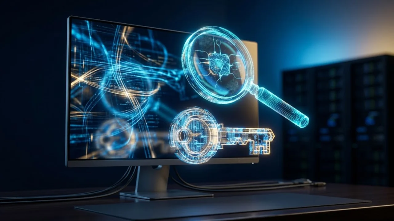 Monitor z holograficzną lupą nad cyfrowym kluczem – sprawdzanie, czy Windows jest aktywny