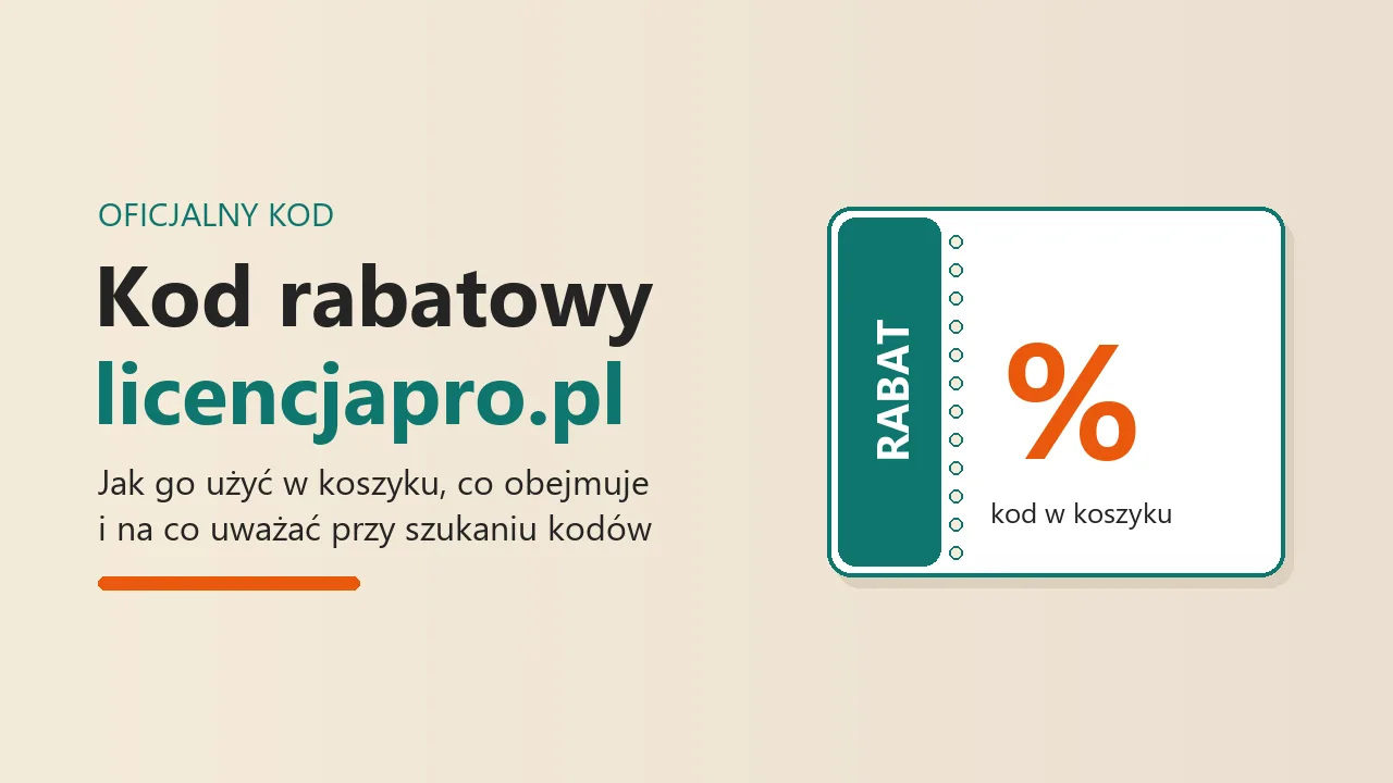 Kupon rabatowy z symbolem procentu obok napisu kod rabatowy licencjapro.pl