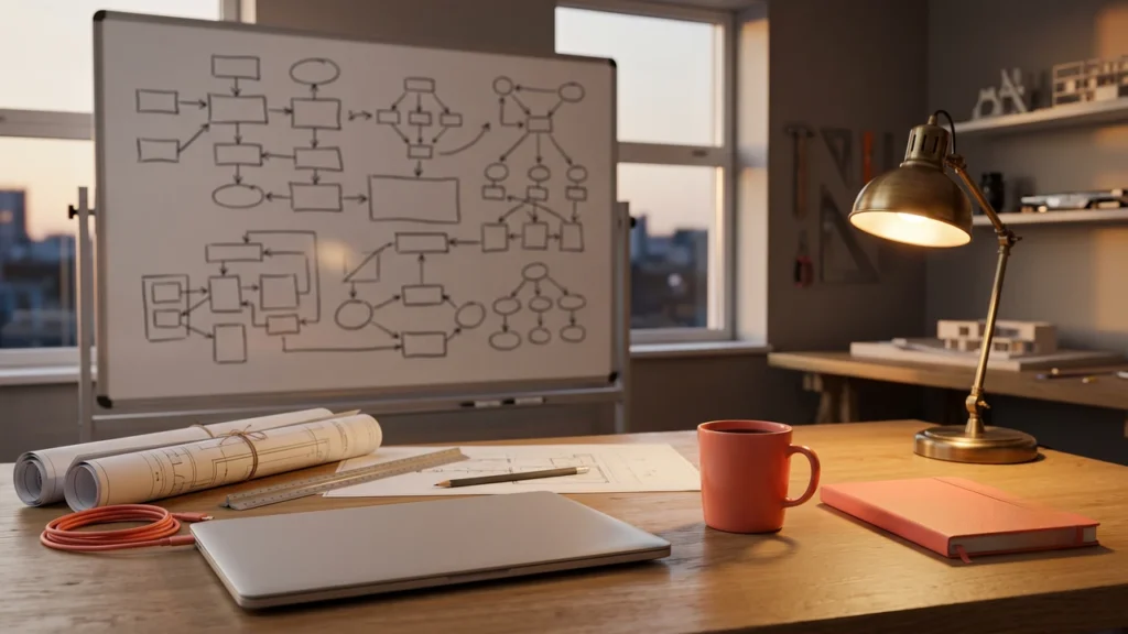 Pracownia inżyniera z tablicą schematów blokowych — wybór edycji Microsoft Visio 2024 Standard czy Professional