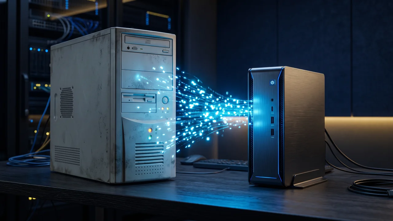 Stary komputer i nowy mini PC połączone strumieniem światła – przeniesienie licencji Windows na nowy komputer